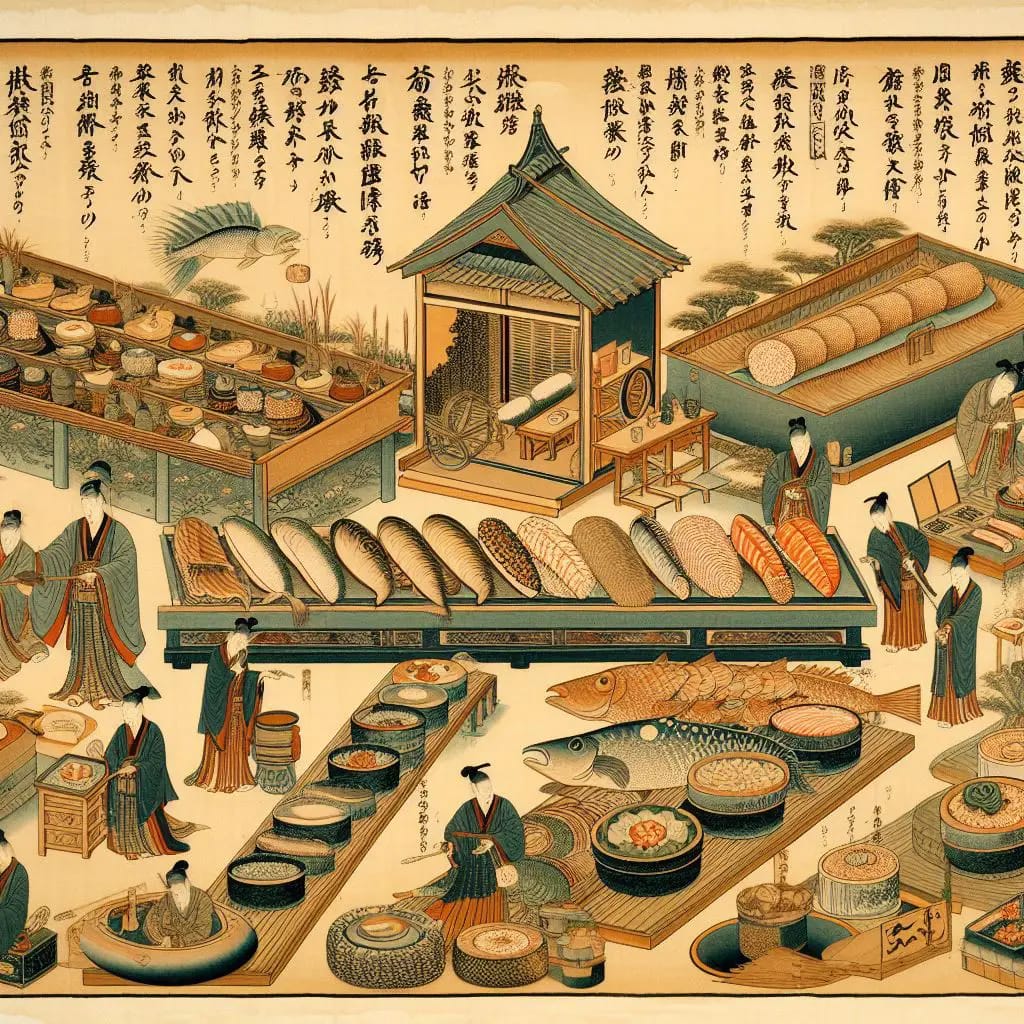 Historical Japanese artwork illustrating the early fermentation process of sushi.