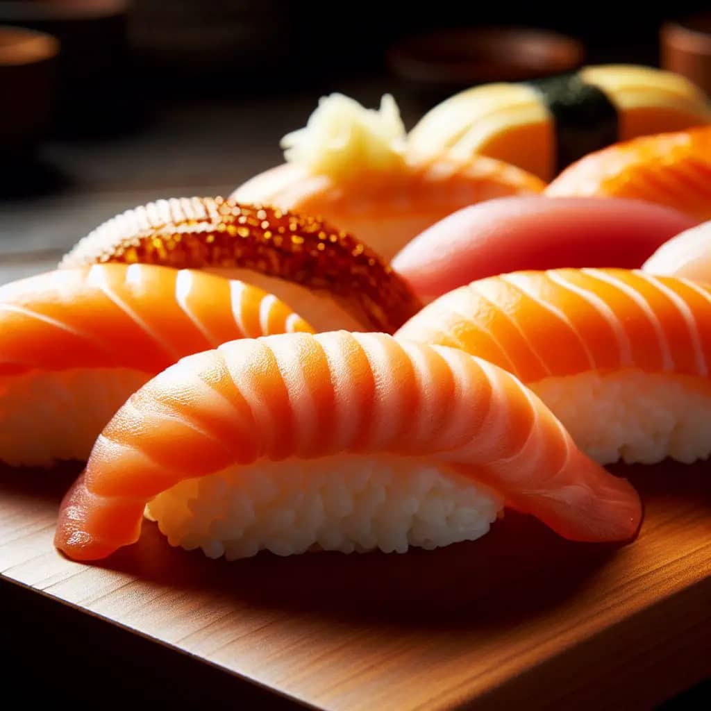 Hand-pressed nigiri sushi, showcasing the artistry of rice and fresh fish.